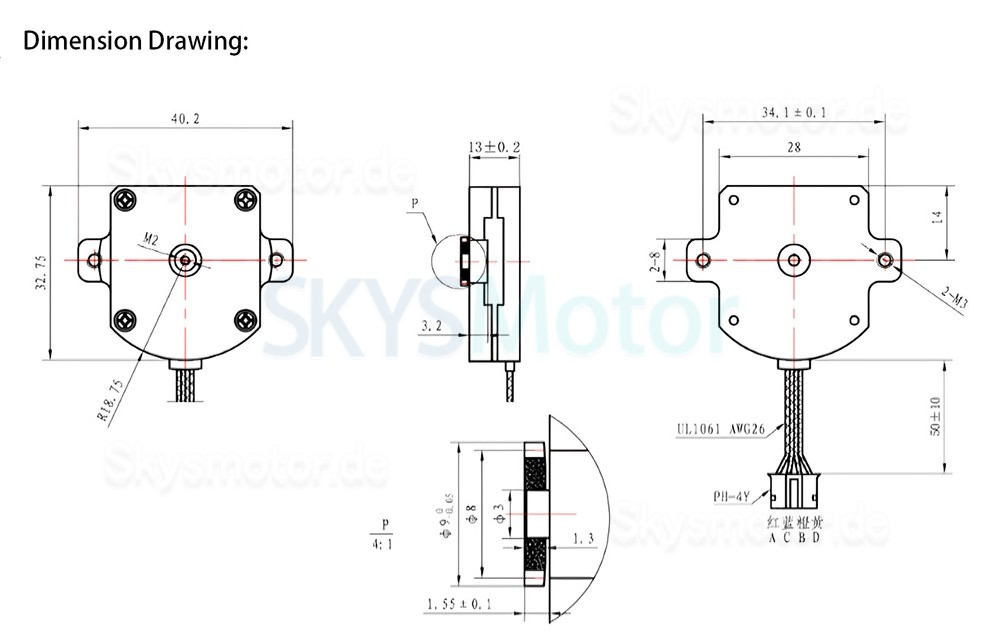 Nema 11 Flacher Flacher Schrittmotor OK28BP13-2A mit 2 Phasen 1,8° 2,5Ncm 4 Drähte